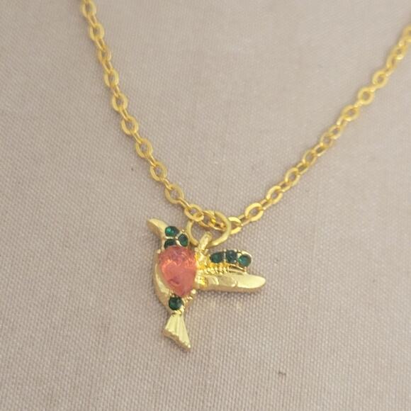 Green Pink and Gold Hummingbird Crystal Necklace - Picture 1 of 3